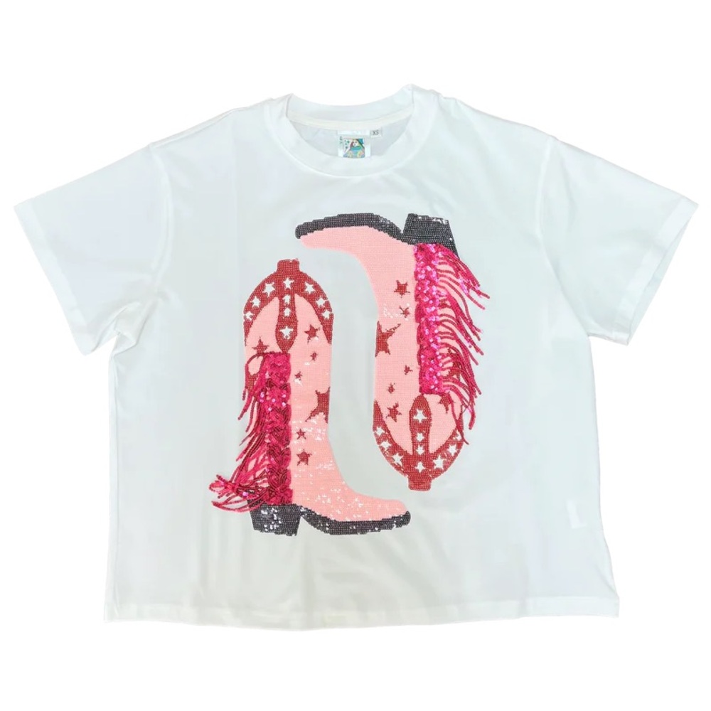 Queen Of Sparkles Tops Fringe Boots Tee- Pink/Red